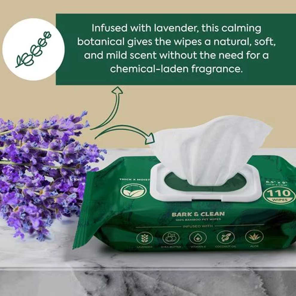Bark & Clean Bamboo Wipes with Aloe, Shea Butter & Coconut Oil Light Lavender Scent Dog & Cat Grooming Wipes