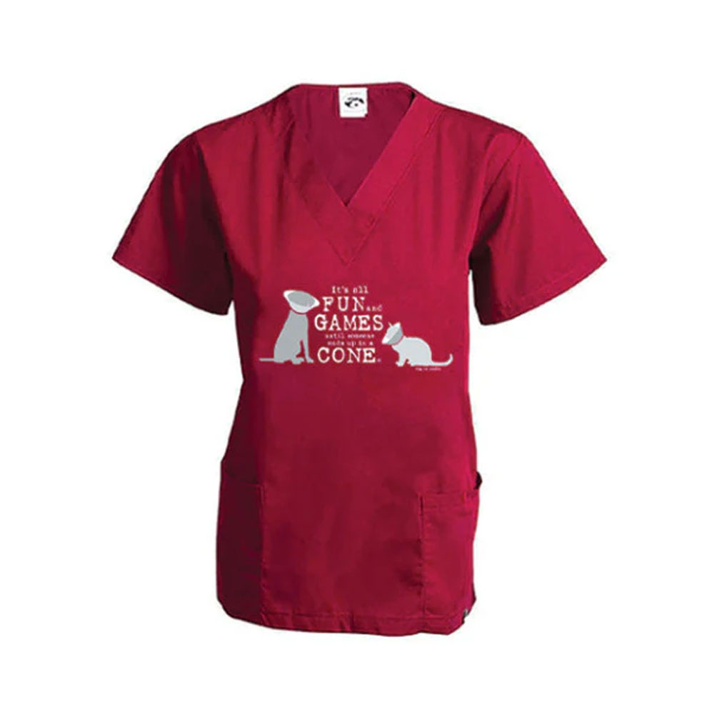 Scrub Top: Fun and Games (cat and dog -wine) - XS